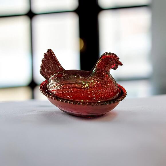 None and/or Unknown Other - Vintage Ruby Red Glass Hen On Nest Covered Dish Beaded Rim 5 Inch